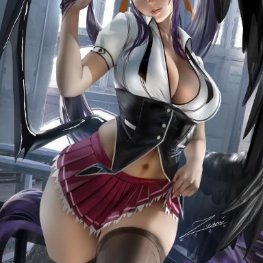 akeno himejima, breasts, demon, fallen angel, high school dxd, skirt, wings, zumi