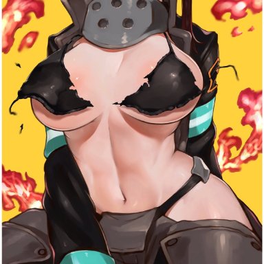 big breasts, black hair, enen no shouboutai, female, female focus, female only, fire force, kotatsu tamaki, long hair, looking at viewer, orange eyes, torn bra, wide hips, wide thighs