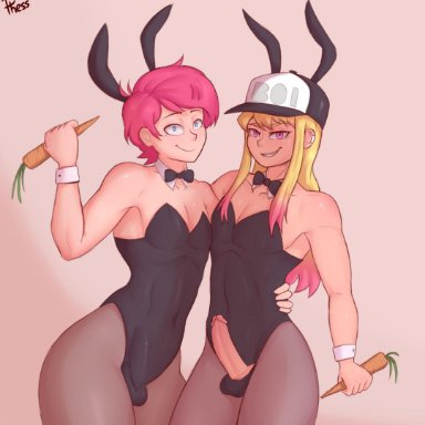 2boys, androgynous, balls, blonde hair, blue eyes, borrowed character, bunny ears, bunnysuit, erection, erection under clothes, femboy, girly, jade (dross), jamie (dross), leotard