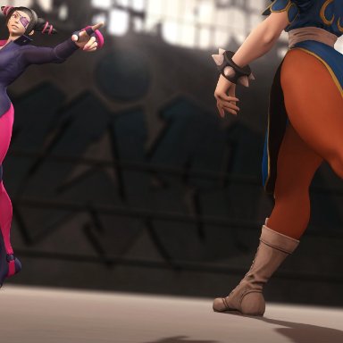 1futa, 2girls, 3d, areolae, big breasts, breasts, chun-li, cleavage, dickgirl, erection, futanari, huge cock, ibuki, jojo reference, juri han