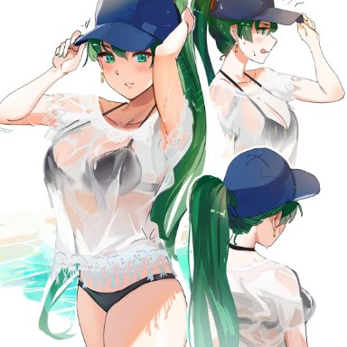 1girls, absurdres, asymmetrical bangs, bangs, baseball cap, bikini, black bikini, blue headwear, blush, breasts, earrings, female, fire emblem, fire emblem: the blazing blade, green eyes