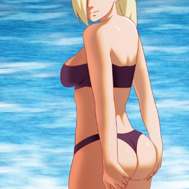 1girls, ass, ass grab, bare shoulders, bikini, blonde hair, blue eyes, breasts, female, female only, hair over one eye, hi res, ino yamanaka, long hair, naruto