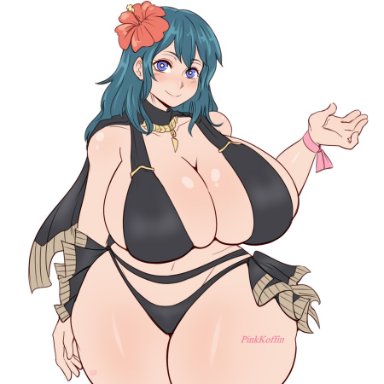 1girls, big breasts, bikini, black bikini, black swimsuit, blue eyes, blue hair, breasts, bursting breasts, byleth (female), byleth (fire emblem), byleth (fire emblem) (female), clothing, female, female focus