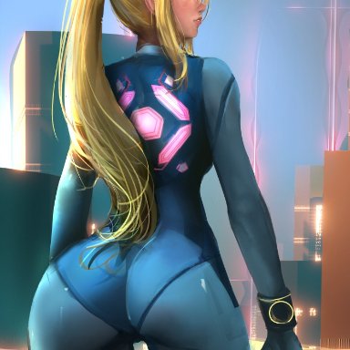 ass, back view, blonde hair, bodysuit, bracelet, cityscape, gun, holding object, indoors, long hair, looking at viewer, looking back, metroid, nintendo, orionm