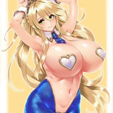 1girls, ahoge, animal ears, armpits, arms up, artoria pendragon, artoria pendragon (swimsuit ruler) (fate), bangs, big breasts, blonde hair, blue legwear, blue neckwear, blush, breasts, bunny ears