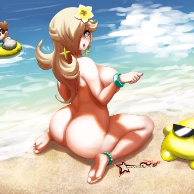 1boy, 1girls, ass, awesomeerix, big ass, blonde hair, blue eyes, breasts, brown hair, earrings, female, mario, mario (series), nintendo, nude female