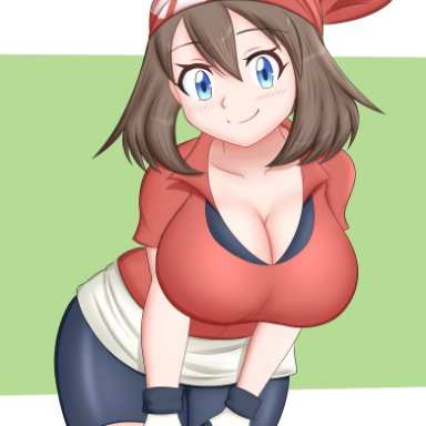 big breasts, cleavage, female, female focus, kiteman (artist), male, male/female, may (pokemon), nintendo, pokemon, short hair, solo, solo female, solo focus