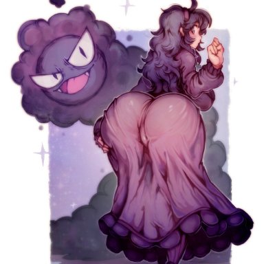 1girls, ambiguous gender, ass, big ass, blush, bottom heavy, dress, gastly, hairband, hex maniac, huge ass, looking back, nintendo, pale skin, pale-skinned female
