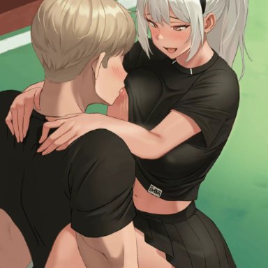 ambiguous penetration, animated, black shirt, black skirt, blonde hair, carrying, clothed female, clothed male, clothed sex, highres, kkamja, nipple suck, original, outdoors, shirt lift