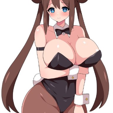 1girls, big breasts, breasts, brown hair, bunny ears, bunnysuit, covered nipples, covered pussy, double bun, female, haikome, huge breasts, large breasts, long hair, nintendo