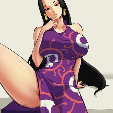 big breasts, black hair, boa hancock, count kristo, one piece, simple background