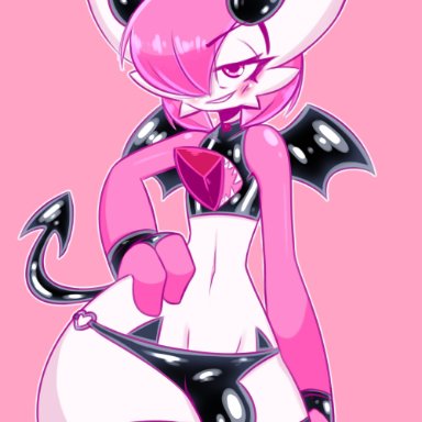 1boy, androgynous, anthro, anthrofied, blush, bulge, demon horns, demon tail, demon wings, eye contact, femboy, frowntown, gardevoir, half-closed eyes, huge thighs