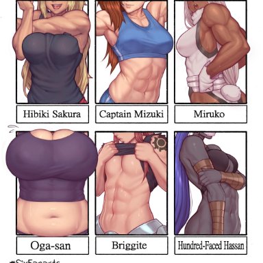 6girls, abs, absurdres, asura (artist), big breasts, breasts, brigitte, captain mizuki, cleavage, dark skin, dark-skinned female, dumbbell nan kilo moteru?, elf-san wa yaserarenai, fate (series), fate/zero