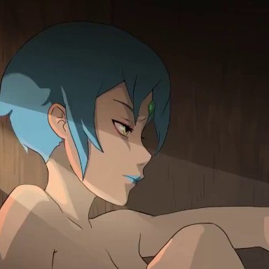 1girl, anus, ass, barrel, blue hair, blue lipstick, breasts, chakra, cum, cum in mouth, cum on body, cum out ass, cum out nose, ejaculation, fellatio