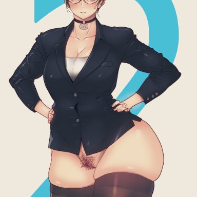black hair, blazer, bottomless, butcherboy, curvy, glasses, hands on hips, light-skinned female, looking at viewer, necklace, original character, plump, pubic hair, serious, short hair
