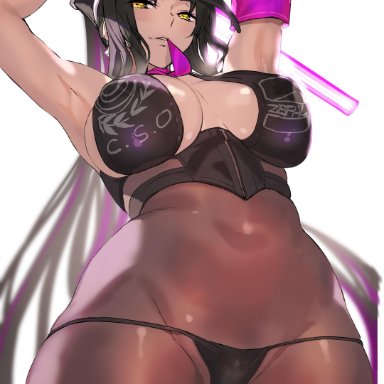 armband, armpits, arms above head, arms up, ashiomi masato, big breasts, black hair, blush, bodystocking, breasts, cleavage cutout, fate (series), fate/grand order, fingerless gloves, from below