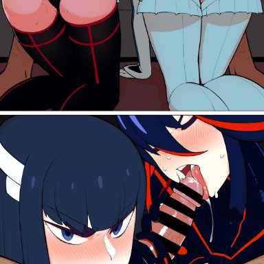 1boy, 2girls, ass, ass up, ball sucking, een033, fellatio, female, female protagonist, kill la kill, kiryuuin satsuki, licking, looking at viewer, matoi ryuuko, on knees