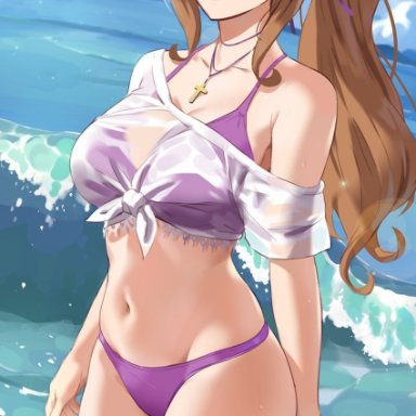 1girl, 1girls, belly button, bikini, breast, brown hair, choker, cross necklace, cute, female, hair ornament, hair over one eye, kono subarashii sekai ni shukufuku wo!, legs, light skin