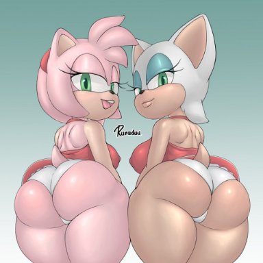 2girls, amy rose, amy rose (cosplay), ass, big ass, big breasts, big butt, bottom heavy, breasts, bubble butt, erect nipples, eye contact, fat ass, females, females only