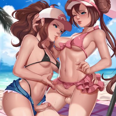 2girls, artist name, bangs, barefoot, baseball cap, beach, beach towel, beach umbrella, bikini, bird, black bikini, blue eyes, blue shorts, blush, breast sucking