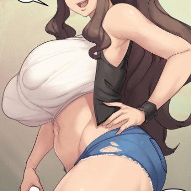 1girls, blue eyes, brown hair, eye contact, hat, hilda (pokemon), holding object, holding poke ball, huge breasts, large breasts, looking at viewer, metal owl, minishorts, nintendo, pale skin