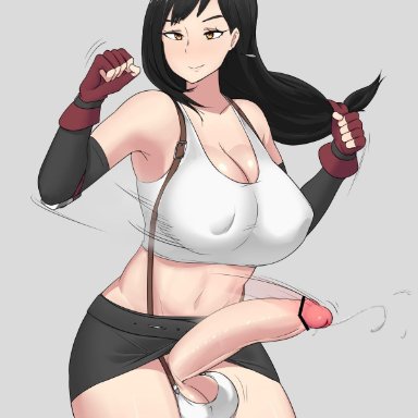 ball bra, bar censor, bare shoulders, belt, black hair, black skirt, breasts, brown eyes, censored, cleavage, clenched hand, closed mouth, commentary request, covered nipples, earrings