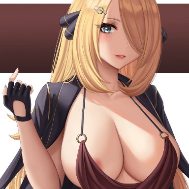 1girls, areolae, big breasts, blonde hair, blue eyes, cynthia (pokemon), female, fingerless gloves, gloves, hair ornament, huge breasts, large breasts, lips, nintendo, pale skin