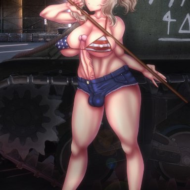 1futa, autopaizuri, big breasts, big penis, bikini, breasts, cleavage, detailed background, dickgirl, futanari, girls und panzer, half-closed eyes, kay (girls und panzer), large breasts, long penis