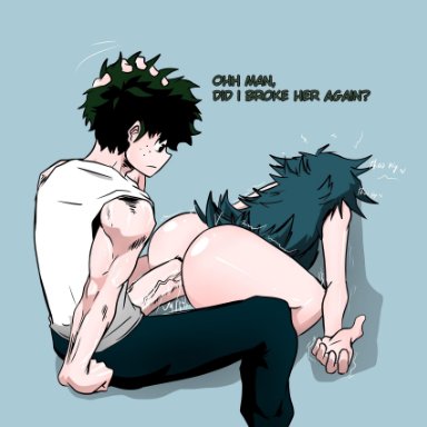 1boy, 1girl, after sex, ass, big ass, big penis, blue hair, clothed male nude female, face down ass up, green hair, huge cock, izuku midoriya, midnight (my hero academia), muscular, muscular male