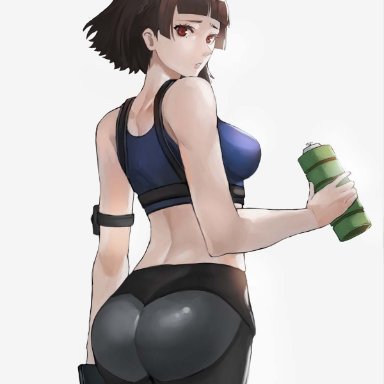 1girls, alternate costume, ass, brown hair, looking at viewer, looking back, lowres, makoto niijima, persona, persona 5, phone, red eyes, shin megami tensei, solo female, tommietomm