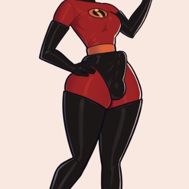 1futa, brown eyes, brown hair, bulge, costume, curvy, dickgirl, digital media (artwork), disney, elastigirl, erect penis, erection, erection under clothes, futa only, futanari