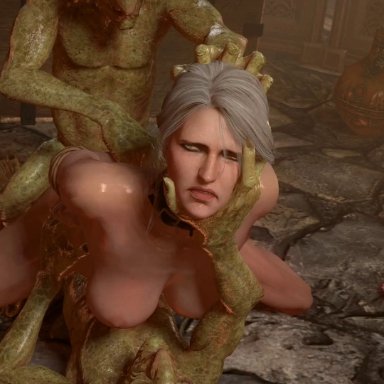 1girls, 2monsters, 3d, animated, bondage, ciri, collar, darktronicksfm, double penetration, forced, goblin, hands tied, larger female, monster, rape