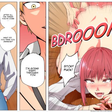 ambiguous penetration, chainsaw man, cris1zcor3, denji (chainsaw man), instant loss 2koma, jeans, makima (chainsaw man), red hair, tagme, threatening