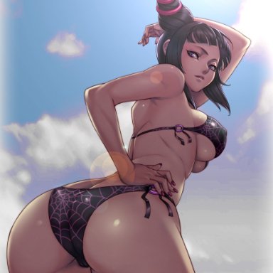 1girls, ass, bangs, bent over, big ass, bikini, black bikini, black hair, blunt bangs, breasts, cameltoe, capcom, clouds, cowboy shot, curvy