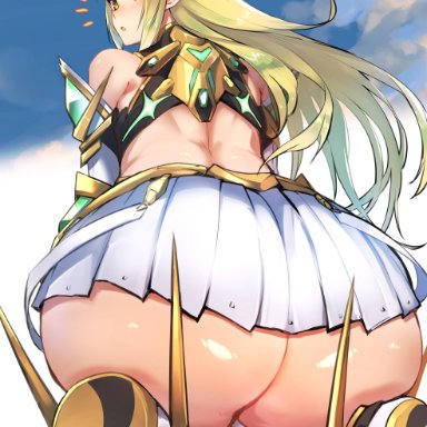 1girls, ass, back, big ass, big butt, blonde hair, bottom heavy, eye contact, female, hikari (xenoblade 2), huge ass, huge butt, kneeling, large ass, long hair