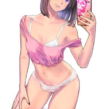 1futa, ball bulge, balls, balls in panties, balls under clothes, black nails, bra, breasts, brown hair, cameltail, cellphone, cleavage, crop top, flaccid, full body