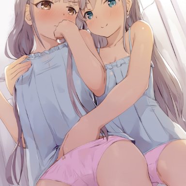 2girls, bangs, bare arms, bare shoulders, blue camisole, blue eyes, blush, bow, bow panties, braid, breast grab, breasts, brown eyes, camisole, closed mouth