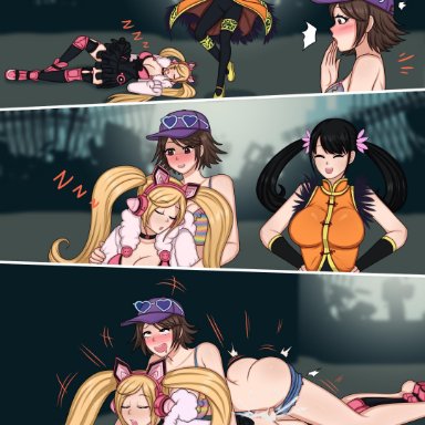 1futa, 2girls, anal sex, big breasts, clothed sex, futa on female, futanari, hirano miharu, ling xiaoyu, loutaniart, lucky chloe, miharu hirano, namco, public, public sex