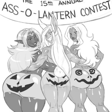 3girls, aeolus06, ass, ass to ass, banner, big ass, curvy, dark skin, dark-skinned female, elf, halloween, hands on waist, jack-o'-lantern, lipstick, looking back