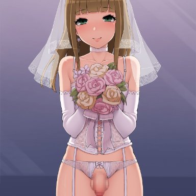 1boy, bride, censored, crossdressing, femboy, lingerie, looking at viewer, male, male only, mesu ochi hanayome kare ga kanojo ni ochita wake, mosaic censoring, penis, solo, stockings, trap