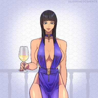 1:1, 1girls, artist name, bangs, bare shoulders, big breasts, black hair, blue eyes, breasts, cleavage, clothing, cocopeace, collar, collarbone, curvy