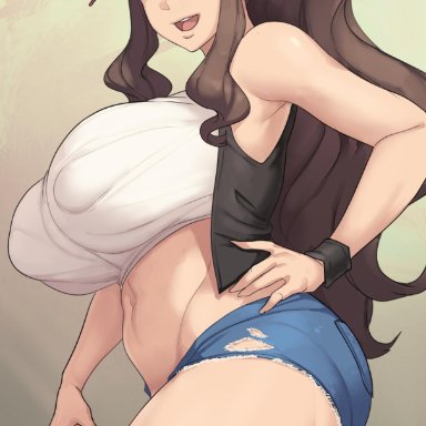 1girls, blue eyes, brown hair, curvy, eye contact, hat, hilda (pokemon), holding object, holding poke ball, huge breasts, large breasts, looking at viewer, metal owl, minishorts, nintendo