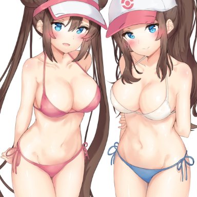 2girls, bikini, blue bikini, blue eyes, blush, breasts, brown hair, double bun, female, female only, gouka, hilda (pokemon), long hair, nintendo, pale skin