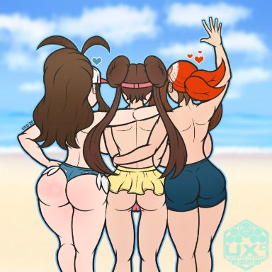 1:1, 3girls, ass, bandana, big ass, big breasts, bottom heavy, brown hair, double bun, female only, hat, hilda (pokemon), long hair, may (pokemon), minishorts