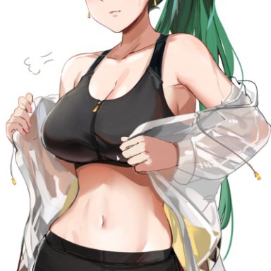 1girls, absurdres, bangs, bare shoulders, black pants, black sports bra, blush, breasts, cleavage, collarbone, earrings, female, fire emblem, fire emblem: the blazing blade, green eyes