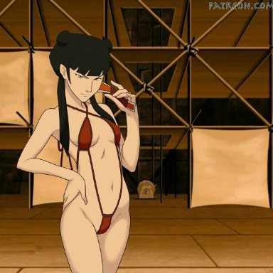 1girl, anaxus, avatar the last airbender, bangs, bare hips, bare shoulders, barely clothed, bikini, black hair, breasts, cleavage, confident, dagger, double bun, evil grin