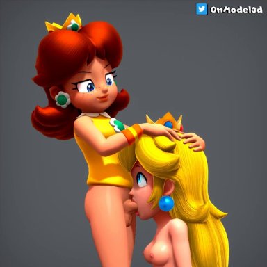 animated, blonde hair, blowjob, blue eyes, breasts, brown hair, freckles, futanari, mario tennis, onmodel3d, oral, oral sex, princess daisy, princess peach, red hair