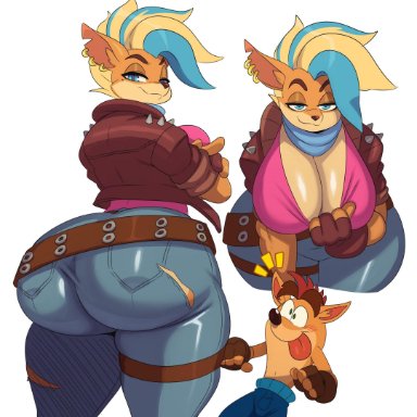 2020, absurd res, activision, anthro, ass, bandicoot, belt, big breasts, big butt, blush, bottomwear, breasts, clothing, crash (series), crash bandicoot