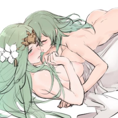 2girls, areola slip, ass, big breasts, blush, butt crack, byleth (female), byleth (fire emblem), byleth (fire emblem) (female), cheek licking, fire emblem, fire emblem heroes, fire emblem: three houses, flower in hair, green eyes