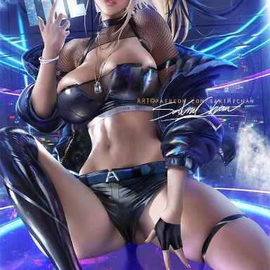 1girls, akali, alternate costume, big breasts, breasts, cleavage, female, female only, k/da akali, k/da series, large breasts, league of legends, looking at viewer, sakimichan, solo